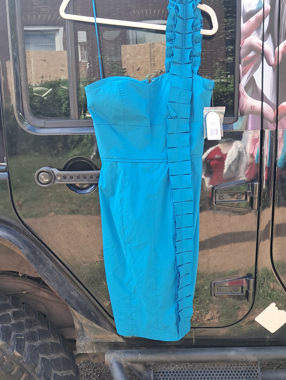 Jessica Simpson One Shoulder Ruffle-Trim Sheath Dress in Teal